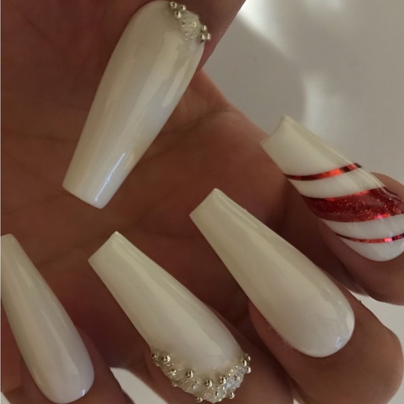 White Christmas candy-cane luxury acrylic gel press on nails any shape n length - Picture 1 of 6